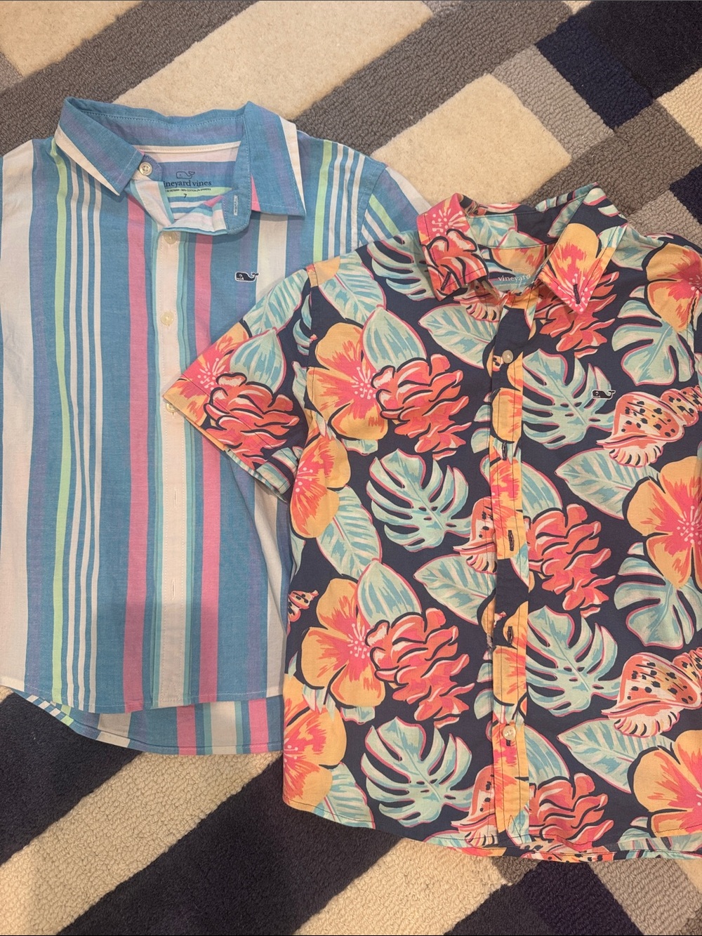 Vineyard Vines Boys Blue Striped & Navy Tropical Button-Down Set